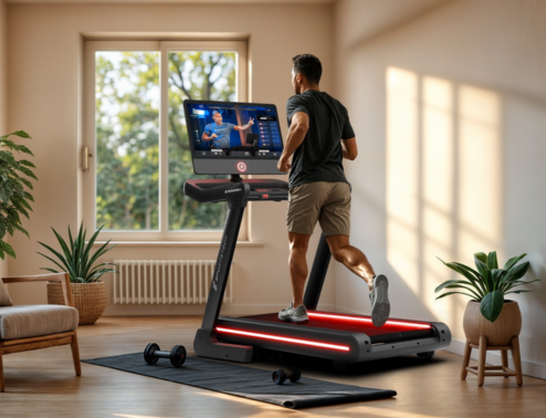 mann trainiert auf dem sTread Pro Laufband in seinem Wohnzimmer