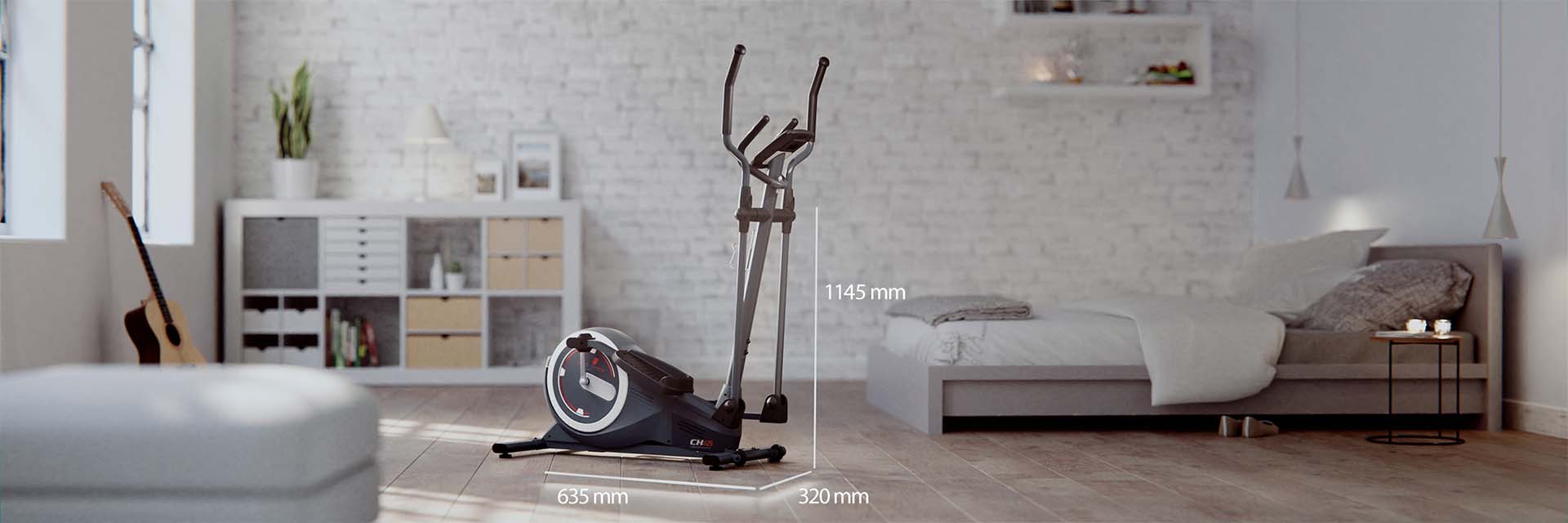Schwarzes Laufband F10 Sportstech Komplettansicht schwarzes Laufband F10 mit Maßen, im Hintergrund Sofa, Teppich und Couchtisch