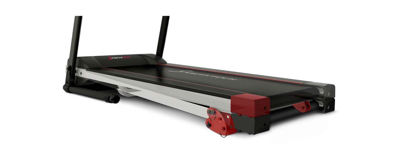 Seitliche Detailansicht des schwarzen Laufbands F10, Funktion automatische Steigung der Lauffläche